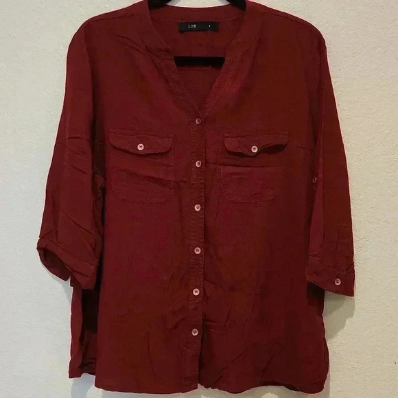 LOB Button Down Blouse Burgundy color - Picture 1 of 8